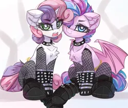 Size: 4096x3476 | Tagged: safe, artist:jfrxd, derpibooru import, sweetie belle, oc, pegasus, pony, unicorn, boots, bracelet, chest fluff, choker, clothes, commission, duo, emo, eyebrows, eyebrows visible through hair, fangs, female, fishnets, image, lidded eyes, looking at you, open mouth, png, shoes, spiked choker, spiked wristband, wristband