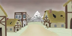 Size: 1645x828 | Tagged: safe, artist:nismorose, derpibooru import, abandoned, apocalypse, background, cave, end of the world, house, image, jpeg, mountain, ponyville, red sky, snow