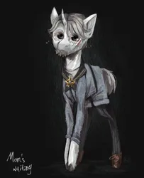 Size: 1327x1635 | Tagged: safe, artist:karamboll, derpibooru import, pony, unicorn, aesop carl, bangs, clothes, crossover, crying, cut, foal, identity v, image, injured, jpeg, skinny, solo, standing, tall, teary eyes, toy