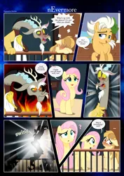 Size: 3259x4607 | Tagged: safe, artist:estories, derpibooru import, discord, fluttershy, oc, oc:alice goldenfeather, oc:fable, draconequus, pegasus, pony, comic:nevermore, ..., accidental innuendo, blushing, comic, image, not what it looks like, onomatopoeia, open mouth, pegasus oc, png, sleeping, sound effects, speech bubble, we don't normally wear clothes, wings