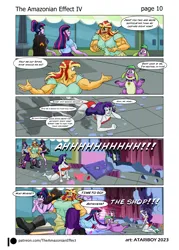 Size: 2726x3802 | Tagged: suggestive, artist:atariboy2600, artist:bluecarnationstudios, derpibooru import, rarity, sci-twi, spike, sunset shimmer, twilight sparkle, dog, human, comic:the amazonian effect, comic:the amazonian effect iv, equestria girls, abs, ass, breasts, buff breasts, busty sunset shimmer, butt, carousel boutique, clothes, comic, female, flexing, image, jacket, male, muscles, muscular female, open mouth, png, smiling, spike the dog, sunset lifter, twibutt, twolight