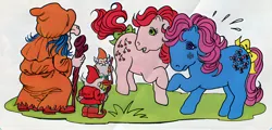 Size: 1040x500 | Tagged: artist needed, safe, derpibooru import, bowtie (g1), cherries jubilee, unnamed character, earth pony, human, pony, comic:my little pony (g1), bow, emanata, female, g1, humanoid, image, male, mare, official comic, png, scan, tail, tail bow, the curious riddles, trio focus, troll (fantasy), upscaled, wanda the wicked witch, witch, witch wanda
