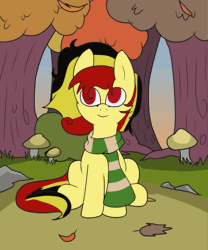 Size: 467x560 | Tagged: safe, artist:amateur-draw, derpibooru import, oc, oc:chocolate sweets, unofficial characters only, earth pony, pony, animated, autumn, belgium, clothes, falling leaves, female, forest, forest background, gif, image, leaves, mare, mushroom, red eyes, scarf, solo, striped scarf, tree, wind, windswept mane