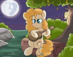 Size: 560x438 | Tagged: safe, artist:amateur-draw, derpibooru import, pear butter, earth pony, pony, acoustic guitar, animated, cutie mark, female, full moon, gif, guitar, image, lantern, mare, mare in the moon, moon, mother, musical instrument, pear tree, playing, scenery, sitting, solo, tree