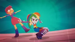 Size: 1280x720 | Tagged: safe, derpibooru import, screencap, rainbow dash, scootaloo, human, eqg summertime shorts, equestria girls, raise this roof, belt, belt buckle, boots, breakdancing, clothes, cutie mark, cutie mark on clothes, dancing, devil horn (gesture), dress, duo, duo female, fall formal outfits, female, fingerless gloves, gloves, image, jpeg, shoes, sleeveless, smiling, smirk