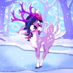 Size: 2500x2500 | Tagged: safe, artist:rurihal, derpibooru import, twilight sparkle, deer, blushing, chest fluff, deerified, deerlight sparkle, ear fluff, female, image, looking back, png, snow, snowfall, solo, species swap, tail, tail wag, winter