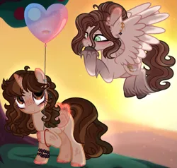 Size: 1375x1309 | Tagged: safe, artist:xxcheerupxxx, derpibooru import, oc, unofficial characters only, pegasus, pony, unicorn, artificial wings, augmented, balloon, female, flying, heart, heart balloon, image, magic, magic wings, mare, png, wings