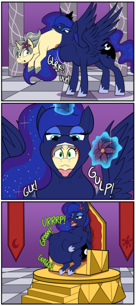Size: 1208x2708 | Tagged: questionable, artist:swiftsketchpone, derpibooru import, princess luna, oc, oc:mercury shine, alicorn, pony, unicorn, accessory theft, burp, comic, flower, glow, glowing horn, horn, image, levitation, magic, mercury shine having another bad time, open mouth, oral vore, png, sitting, stomach noise, swallowing, telekinesis, throne, vore