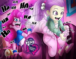 Size: 1600x1240 | Tagged: safe, artist:tkl-comics, derpibooru import, lily pad (equestria girls), pinkie pie, human, equestria girls, barefoot, blushing, bracelet, clothes, couch, duo, feet, female, fetish, foot fetish, hoodie, image, jewelry, laughing, lilypad, nail polish, open mouth, open smile, png, skirt, slippers, smiling, tanktop, tickle torture, tickling, toenail polish