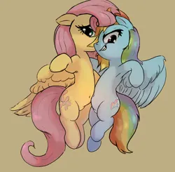Size: 1738x1704 | Tagged: suggestive, artist:mandumustbasukanemen, derpibooru import, fluttershy, rainbow dash, pony, belly, belly button, duo, embrace, holding a pony, image, inviting you, jpeg, looking at you, simple background
