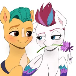 Size: 1378x1378 | Tagged: safe, artist:mango_moon190, derpibooru import, hitch trailblazer, zipp storm, earth pony, pegasus, pony, blushing, duo, eyebrows, female, flower, flower in mouth, folded wings, g5, hitchzipp, image, lidded eyes, looking at each other, looking at someone, male, mare, mouth hold, one ear down, png, raised eyebrow, shipping, signature, simple background, smiling, stallion, straight, white background, wings