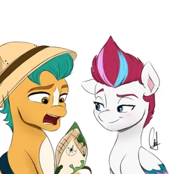 Size: 1378x1378 | Tagged: safe, artist:mango_moon190, derpibooru import, hitch trailblazer, zipp storm, earth pony, pegasus, pony, compass, duo, female, folded wings, g5, hat, hitchzipp, image, male, map, mare, open mouth, png, safari hat, shipping, signature, simple background, smiling, stallion, straight, white background, wings
