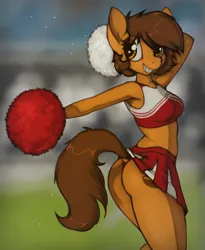 Size: 1226x1494 | Tagged: suggestive, artist:marsminer, derpibooru import, oc, oc:venus spring, unofficial characters only, anthro, unicorn, ass, boobs and butt pose, braces, butt, cheerleader, cheerleader outfit, clothes, female, grin, image, png, pom pom, skirt, smiling, solo, solo female