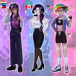 Size: 1862x1848 | Tagged: safe, artist:kuv8sh5, derpibooru import, rainbow dash, rarity, twilight sparkle, human, abs, alternate hairstyle, american flag, bag, bedroom eyes, belly button, belt, canadian, canadian flag, clothes, dark skin, ear piercing, earring, eyeshadow, female, fingerless gloves, flag, flats, glasses, gloves, grin, high heels, hoodie, humanized, image, indian, jewelry, jpeg, knee pads, lipstick, makeup, nail polish, necklace, necktie, pants, piercing, ponytail, ring, scar, shirt, shoes, shorts, skirt, smiling, sneakers, socks, sports bra, sports shorts, stockings, sweater vest, thigh highs, trio, united states, vest