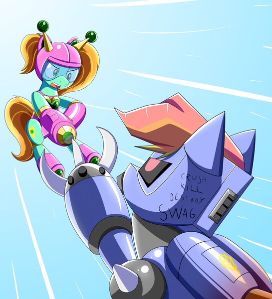 Size: 3636x4000 | Tagged: safe, artist:trackheadtherobopony, derpibooru import, oc, oc:goldheart, pony, robot, robot pony, .mov, fight, hoof cannon, image, jetpack, jpeg, r-dash 5000