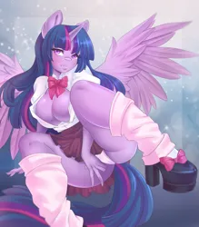 Size: 2893x3299 | Tagged: suggestive, artist:sherr, derpibooru import, twilight sparkle, alicorn, anthro, absolute cleavage, breasts, busty twilight sparkle, cameltoe, cleavage, clothes, high heels, image, panties, png, school uniform, shoes, skirt, socks, underwear, uniform