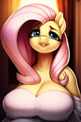 Size: 512x768 | Tagged: suggestive, derpibooru import, machine learning generated, novelai, stable diffusion, fluttershy, anthro, pegasus, big breasts, breasts, busty fluttershy, cleavage, clothes, female, image, looking at you, off shoulder, png, smiling, smiling at you, solo, solo female, wingless, wingless anthro