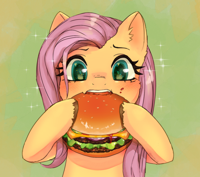 Size: 1580x1404 | Tagged: safe, artist:ponchik_art, derpibooru import, fluttershy, pegasus, pony, burger, ear fluff, eating, fast food, female, food, green background, hungry, image, messy eating, nose wrinkle, png, simple background, solo, sparkles, sparkly eyes, unshorn fetlocks