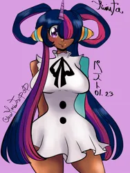 Size: 1152x1536 | Tagged: safe, artist:moutsupop, derpibooru import, twilight sparkle, human, anime, blackwashing, clothes, cosplay, costume, dark skin, exploitable meme, horn, horned humanization, humanized, image, jpeg, meme, one piece, one piece film:red, purple background, same voice actor, simple background, solo, uta (one piece)