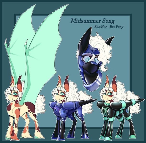Size: 2800x2755 | Tagged: safe, artist:parrpitched, derpibooru import, oc, oc:midsummer song, oc:midsummer song(fireverse), unofficial characters only, bat pony, armor, bat pony oc, bat wings, bondage, bondage mask, commission, donut steel, encasement, fireheart76's latex suit design, image, kink, knight, large wings, latex, latex mask, latex suit, mask, png, prisoners of the moon, pronouns, reference, reference sheet, royal guard, rubber, rubber suit, visor, wings