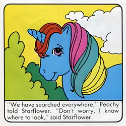 Size: 600x600 | Tagged: artist needed, safe, derpibooru import, starflower, pony, unicorn, comic:my little pony (g1), dialogue, female, g1, image, implied peachy, mare, moondancer's mischievous magic, official comic, offscreen character, png, scan, solo, upscaled