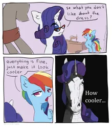 Size: 1280x1463 | Tagged: safe, artist:astralblues, derpibooru import, rainbow dash, rarity, pegasus, pony, unicorn, suited for success, comic, dialogue, female, hoers, image, jpeg, mannequin, mare, meme, ponified meme