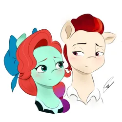 Size: 1378x1378 | Tagged: safe, artist:mango_moon190, derpibooru import, earth pony, pegasus, pony, blushing, bow, clothes, duo, duo male and female, female, g5, hair bow, image, jazz hooves, lidded eyes, looking at each other, looking at someone, male, mare, png, rockjazz, rocky riff, shipping, shirt, signature, simple background, smiling, stallion, straight, white background