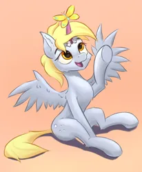 Size: 2042x2476 | Tagged: safe, artist:gouransion, derpibooru import, derpy hooves, butterfly, insect, pegasus, pony, fake horn, female, gradient background, image, mare, open mouth, open smile, png, raised arm, sitting, smiling, solo