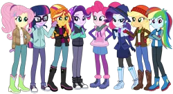 Size: 2000x1089 | Tagged: safe, artist:emeraldblast63, derpibooru import, applejack, fluttershy, pinkie pie, rainbow dash, rarity, sci-twi, starlight glimmer, sunset shimmer, twilight sparkle, equestria girls, alternate hairstyle, humane five, humane seven, humane six, image, png, simple background, transparent background