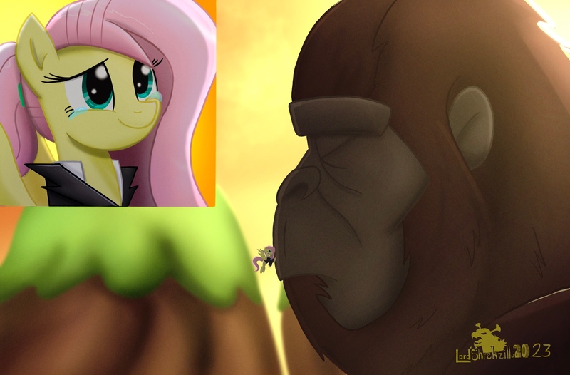 Size: 2581x1697 | Tagged: safe, derpibooru import, fluttershy, ape, gorilla, kaiju, pegasus, fanfic:a king to a god, crying, fanfic art, image, jpeg, king kong, petting