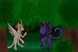 Size: 5400x3600 | Tagged: safe, artist:thecommandermiky, derpibooru import, oc, oc:artura, oc:miky command, unofficial characters only, alicorn, cheetah, hybrid, alicorn oc, barely pony related, bipedal, bush, forest, furry, grass, happy, horn, image, long tail, looking at each other, looking at someone, oc x oc, paws, png, shipping, spread wings, tail, tree, winged cat, wings