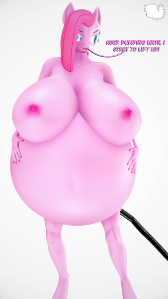 Size: 2160x3840 | Tagged: questionable, artist:marshmallow-pone, derpibooru import, pinkie pie, anthro, earth pony, 3d, air inflation, balloonie pie, belly, belly button, big belly, big breast, breasts, busty pinkie pie, dialogue, female, hose, image, implied insertion, inflation, nipples, nudity, pinkamena diane pie, png, solo, source filmmaker