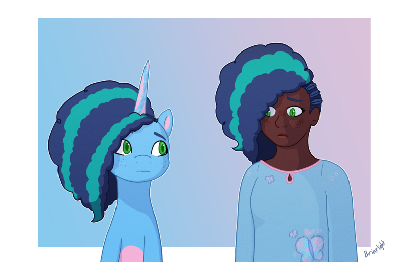 Size: 2800x1800 | Tagged: safe, artist:briarlightswish, derpibooru import, human, pony, unicorn, g5, clothes, colored fetlocks, colored lineart, cornrows, cute, cutie mark, cutie mark on clothes, dark skin, duo, female, freckles, green eyes, human paradox, human ponidox, humanized, image, mare, misty brightdawn, mistybetes, png, sad, self paradox, self ponidox, shading, simple background, transparent background