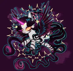 Size: 1280x1254 | Tagged: safe, artist:justsadluna, derpibooru import, oc, unofficial characters only, alicorn, pony, zebra, zebracorn, abstract background, alicorn oc, glow, glowing horn, horn, image, jpeg, makeup, running makeup, solo, wings