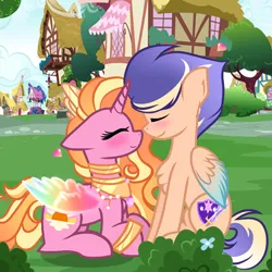 Size: 2048x2048 | Tagged: safe, artist:harmonyvitality-yt, derpibooru import, luster dawn, oc, alicorn, pegasus, pony, alicornified, base used, bracelet, building, canon x oc, chest fluff, duo, image, jewelry, lustercorn, lying down, neck rings, offspring, outdoors, parent:flash sentry, parent:twilight sparkle, parents:flashlight, pegasus oc, png, prone, race swap, wings