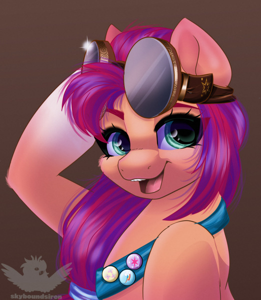 Size: 2000x2300 | Tagged: safe, artist:skyboundsiren, derpibooru import, sunny starscout, earth pony, pony, my little pony: a new generation, female, fluttershy's cutie mark, g5, goggles, goggles on head, image, jpeg, looking at you, mare, open mouth, open smile, rainbow dash's cutie mark, sash, smiling, solo, twilight sparkle's cutie mark, watermark