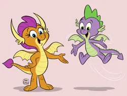 Size: 3889x2936 | Tagged: safe, artist:mark christiansen, derpibooru import, smolder, spike, dragon, pony, alternate style, big eyes, cartoon, dragon wings, dragoness, duo, eyebrows, eyelashes, female, flying, hanna barbera, image, jpeg, male, motion lines, open mouth, retro, spaded tail, spread wings, tail, wholesome, wings