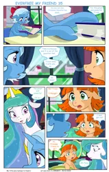 Size: 5762x9064 | Tagged: safe, artist:jeremy3, derpibooru import, princess celestia, trixie, oc, oc:flora, alicorn, pony, unicorn, comic:everfree, comic:everfree my friend, book, bow, comic, dialogue, female, filly, foal, hair bow, horn, image, jpeg, looking at each other, looking at someone, mare, thought bubble, unicorn oc
