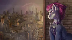 Size: 1920x1080 | Tagged: safe, artist:leastways, derpibooru import, oc, oc:fluid moves, unofficial characters only, earth pony, pony, fallout equestria, bust, commission, digital art, image, jpeg, portrait, post-apocalyptic, scenery, solo, superhero costume, window