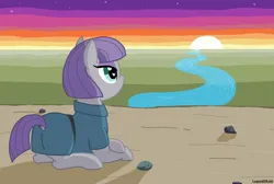 Size: 1200x807 | Tagged: safe, artist:legendoflink, derpibooru import, boulder (pet), maud pie, earth pony, pony, cliff, clothes, dock, dress, dusk, female, image, lying down, mare, ms paint, no mouth, outdoors, png, prone, river, solo, solo female, stars, sunset, tail, water, wingding eyes