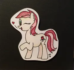 Size: 2414x2280 | Tagged: safe, artist:lunar harmony, roseluck, black background, cute, heart, image, jpeg, photo, pointy nose, raised hoof, simple background, solo, traditional art, winking at you