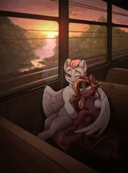 Size: 2167x2930 | Tagged: safe, artist:amishy, derpibooru import, oc, unofficial characters only, earth pony, pegasus, pony, blushing, duo, duo female, female, freckles, frog (hoof), grin, high res, hoof around neck, hug, image, jpeg, looking at each other, looking at someone, mare, one eye closed, ribbon, sitting, smiling, smiling at each other, sunset, train, underhoof, winghug, wings