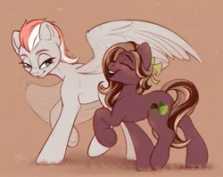 Size: 2375x1887 | Tagged: safe, artist:amishy, derpibooru import, oc, unofficial characters only, earth pony, pegasus, pony, brown background, duo, duo female, eyes closed, female, freckles, image, jpeg, lidded eyes, looking back, mare, open mouth, open smile, partially open wings, raised hoof, simple background, size difference, smiling, wings