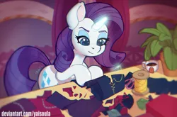 Size: 5233x3458 | Tagged: safe, artist:yaisoula, derpibooru import, rarity, pony, unicorn, absurd resolution, female, food, gem, image, magic, mare, png, scissors, sewing, sewing needle, solo, stitches, tea, telekinesis