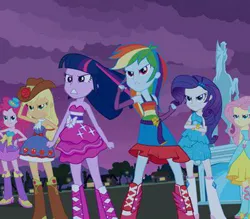 Size: 400x350 | Tagged: safe, derpibooru import, screencap, applejack, fluttershy, pinkie pie, rainbow dash, rarity, sci-twi, twilight sparkle, human, equestria girls, equestria girls (movie), balloon, bare shoulders, belt, belt buckle, boots, bracelet, clothes, cowboy boots, cowboy hat, crossed arms, cutie mark, cutie mark on clothes, dress, fall formal outfits, female, hairpin, hat, high heel boots, humane five, humane six, image, jewelry, jpeg, mane six, night, rainbow, shoes, skirt, sleeveless, statue, strapless, top hat, twilight ball dress