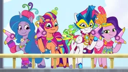 Size: 3072x1727 | Tagged: safe, derpibooru import, screencap, izzy moonbow, pipp petals, sunny starscout, zipp storm, earth pony, pegasus, pony, unicorn, my little pony: tell your tale, spoiler:g5, spoiler:my little pony: tell your tale, spoiler:tyts01e45, female, g5, hair dryer, image, jpeg, mare, ponykind parade-emonium, royal sisters (g5), siblings, sisters, smiling