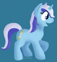 Size: 565x615 | Tagged: safe, artist:froutsuip, derpibooru import, minuette, unicorn, blue background, cyan background, female, image, png, shading, simple background, solo, standing