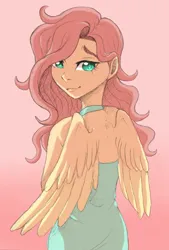 Size: 1057x1563 | Tagged: safe, artist:brot-art, derpibooru import, fluttershy, human, clothes, dress, female, gradient background, humanized, image, jpeg, looking at you, looking back, looking back at you, pony coloring, smiling, smiling at you, winged humanization, wings