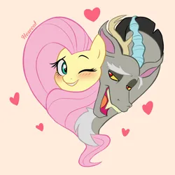 Size: 2500x2500 | Tagged: safe, artist:hexecat, derpibooru import, discord, fluttershy, draconequus, pegasus, pony, blushing, discoshy, duo, duo male and female, eyebrows, female, grin, heart, high res, image, looking at each other, looking at someone, male, mare, one eye closed, open mouth, open smile, png, shipping, signature, simple background, smiling, smiling at each other, straight, tan background, wink