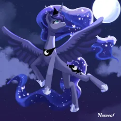 Size: 3000x3000 | Tagged: safe, artist:hexecat, derpibooru import, princess luna, alicorn, pony, cloud, crown, female, flying, high res, hoof shoes, image, jewelry, lidded eyes, looking up, mare, moon, night, peytral, png, regalia, signature, smiling, solo, spread wings, wings